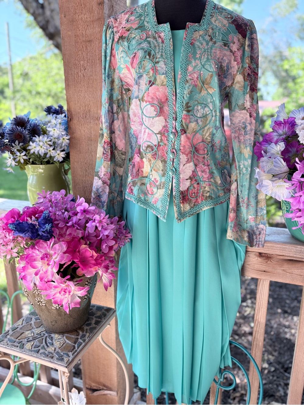 Vintage Nah Nah Collection 2 Piece Set: Solid Aqua Crepe Dress/Jacquard Jacket